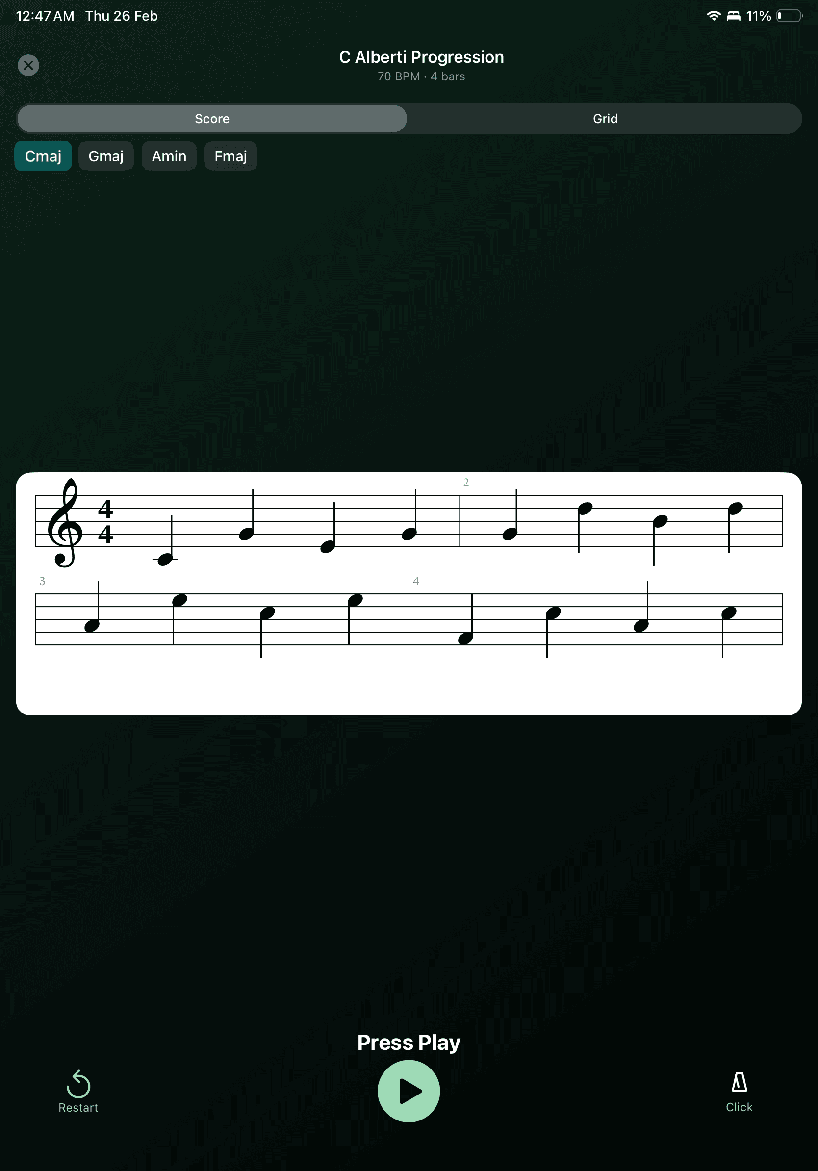 Alberti pattern exercise session with live sheet music