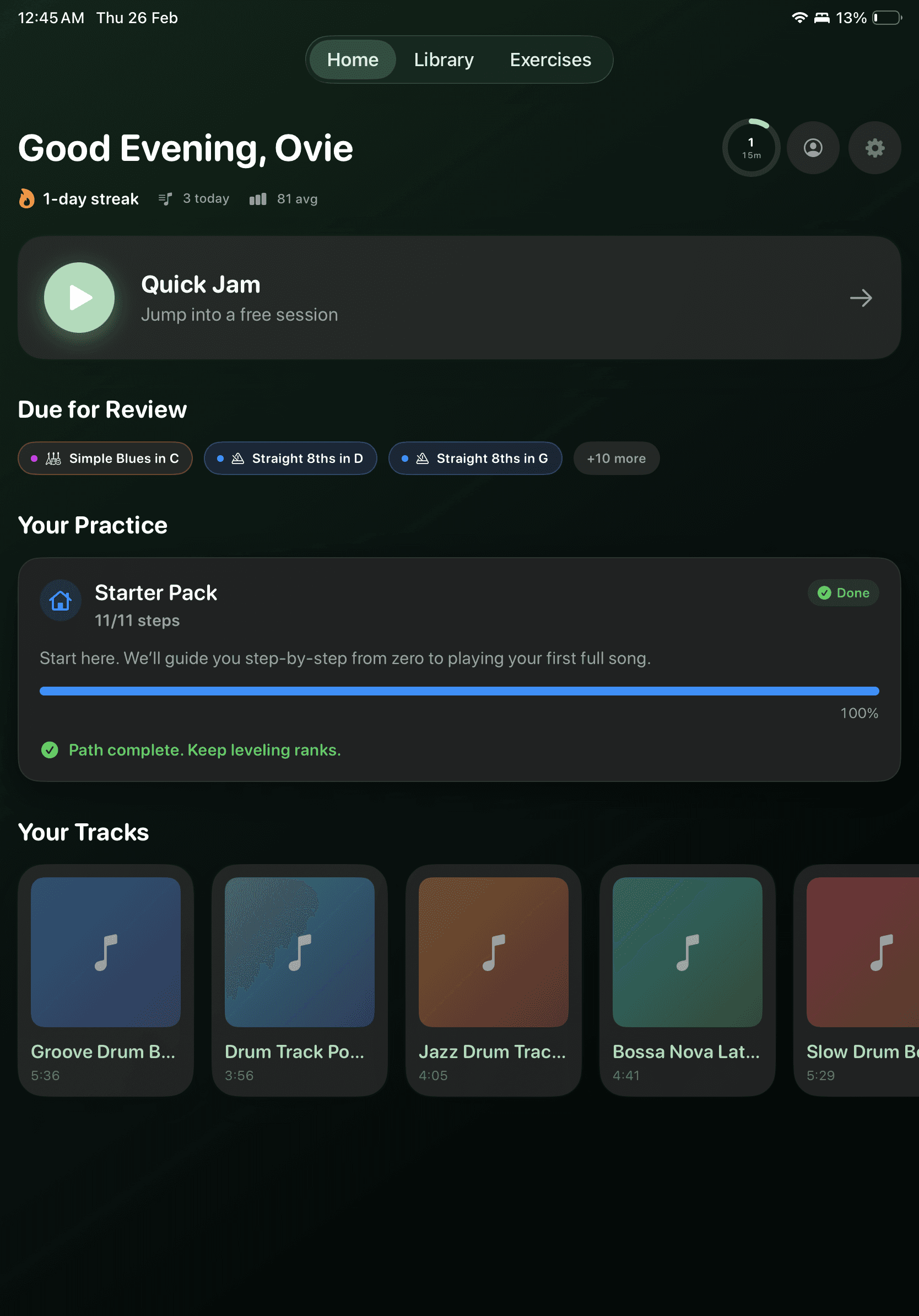 SoundDojo home screen with Quick Jam, practice paths, and spaced-repetition review queue