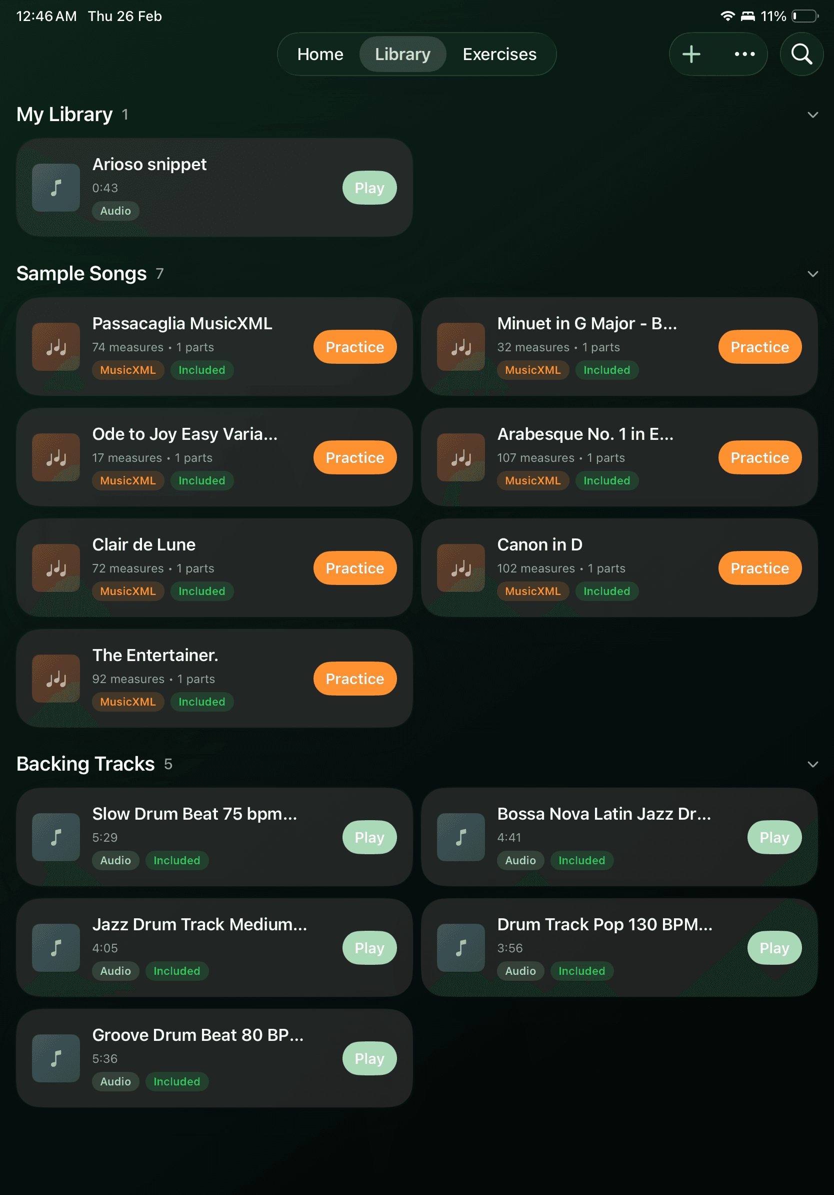Content library with sample songs, backing tracks, and exercise categories